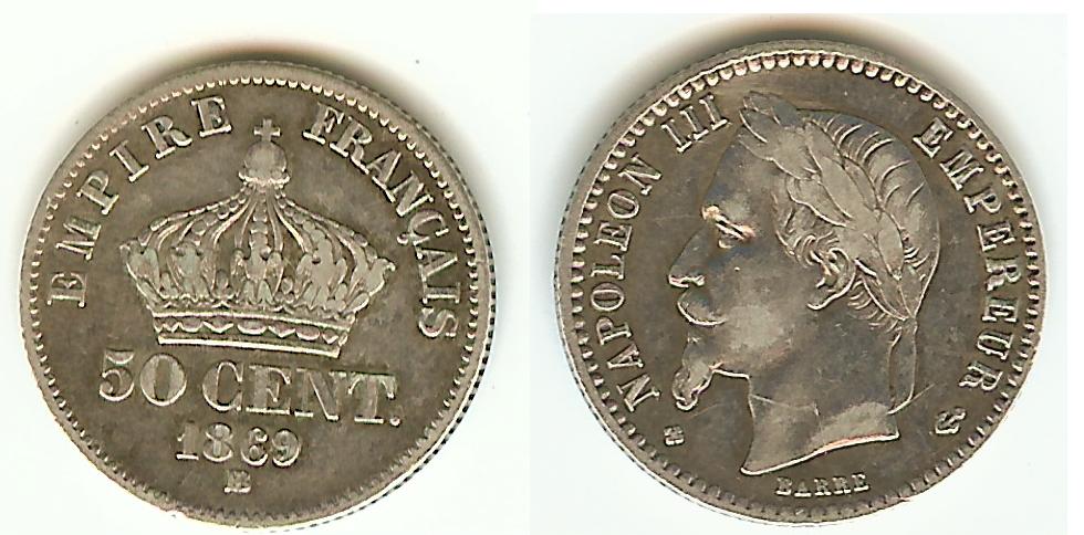 50 centimes Napoléon III, tête laurée 1869BB TTB-